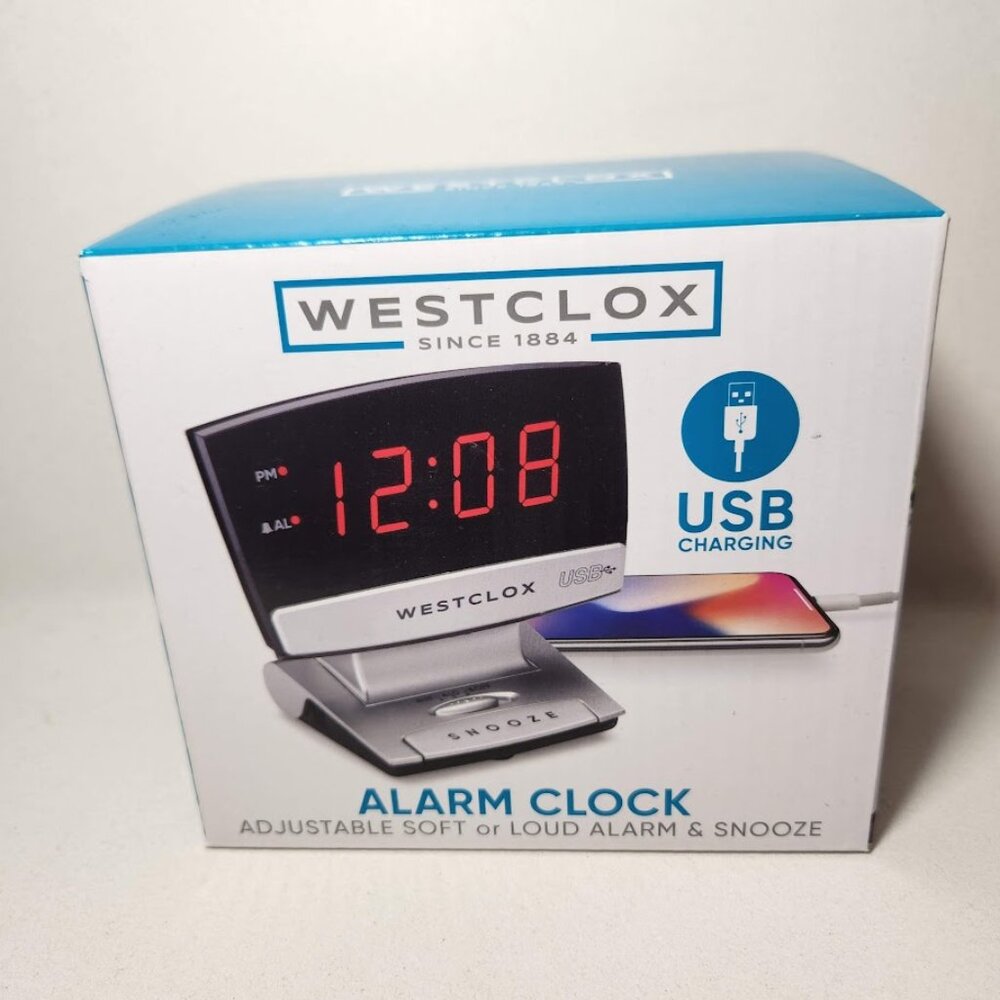 Digital Desk Table Alarm Clock with USB Charging Port Black Silver LED